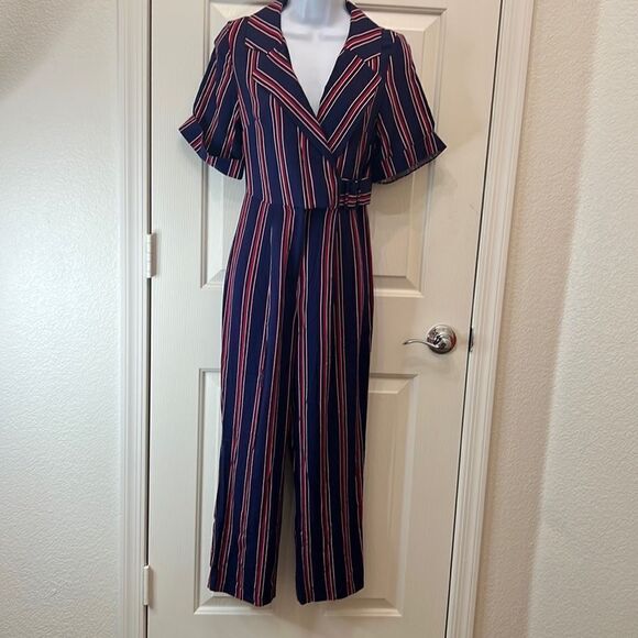 ASOS Pantsuit Sz 0 V Neck Collar Short Sleeve Navy Blue Red Striped Side Belted - Picture 2 of 15